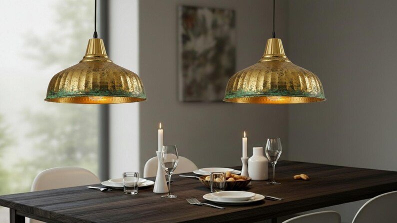 Antique Brass Patina Pendant Light, Handmade Moroccan Ribbed Brass Dome Chandelier, Rustic Verdigris Kitchen Island Hanging Lamp, Boho Farmhouse Ceiling Light Fixture