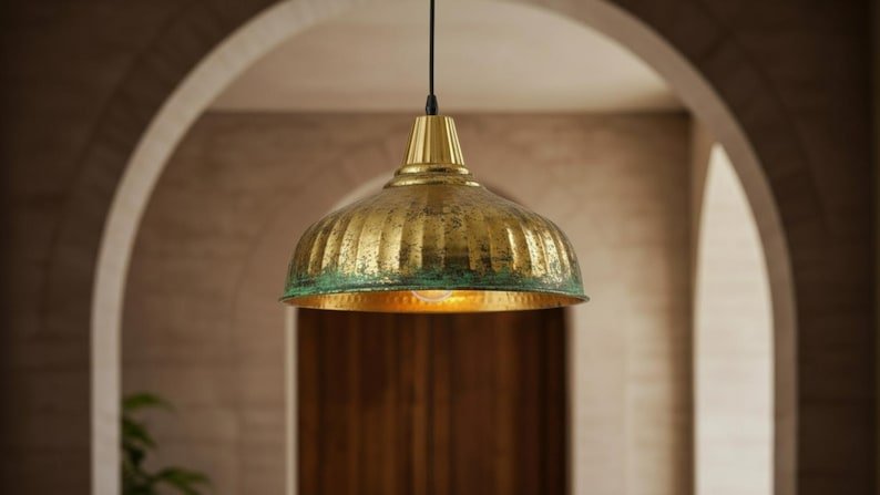 Antique Brass Patina Pendant Light, Handmade Moroccan Ribbed Brass Dome Chandelier, Rustic Verdigris Kitchen Island Hanging Lamp, Boho Farmhouse Ceiling Light Fixture