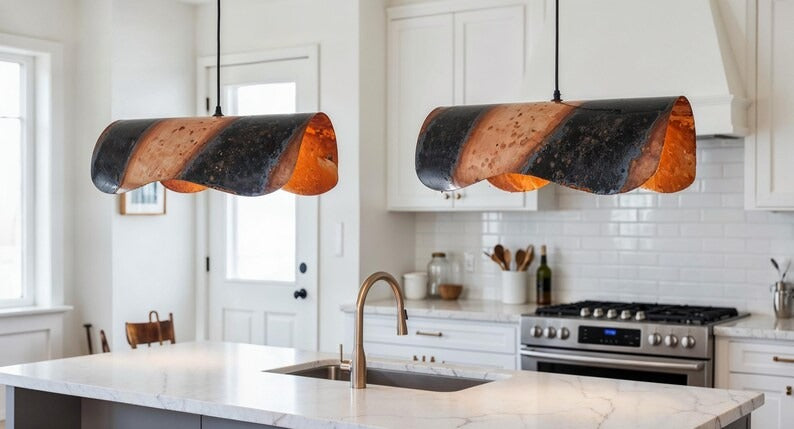 Sculptural Brass Ribbon Pendant Light – Black & Copper Moroccan Linear Dining Chandelier