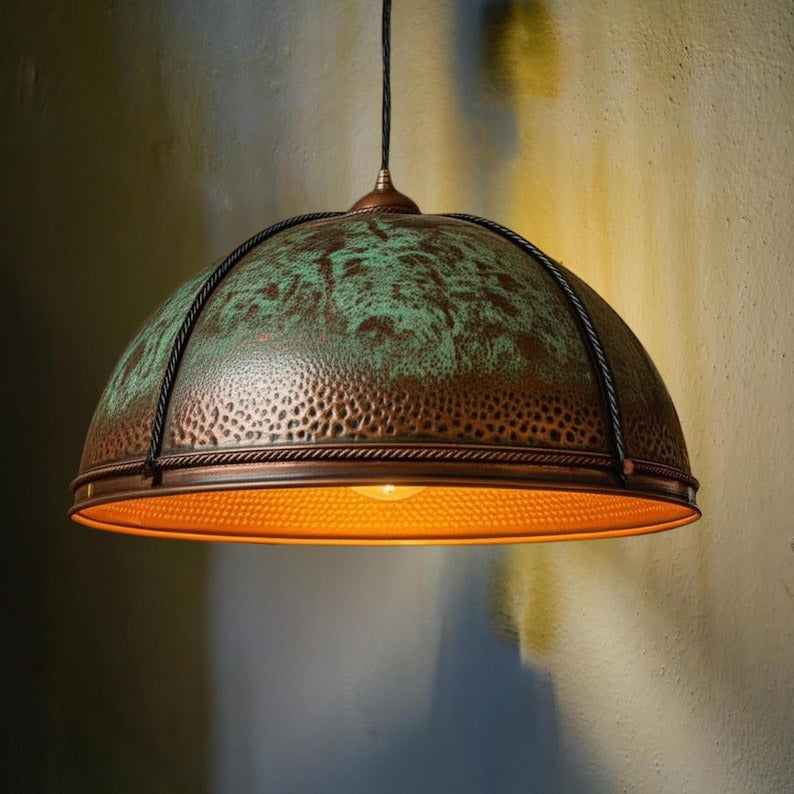 Handmade Moroccan Brass Dome Pendant Light – Hammered Green Verdigris Hanging Lamp with Antique Copper Bands, Rope-Style Trim and Warm Gold Interior for Dining Room, Kitchen Island & Living Room