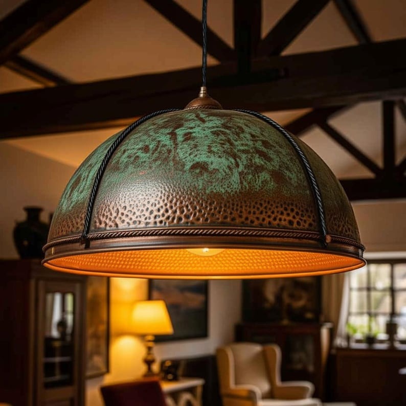 Handmade Moroccan Brass Dome Pendant Light – Hammered Green Verdigris Hanging Lamp with Antique Copper Bands, Rope-Style Trim and Warm Gold Interior for Dining Room, Kitchen Island & Living Room