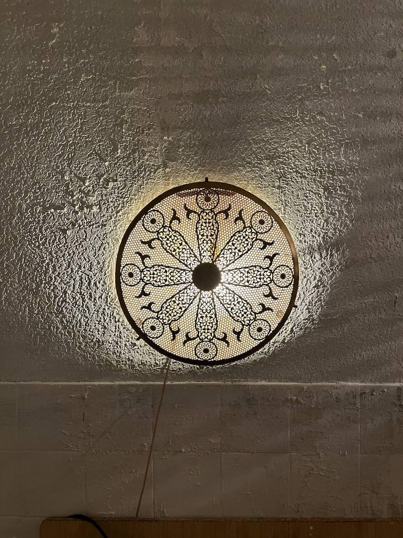 Handmade Moroccan Brass Wall Sconce – Round Floral Mandala Cutout Light with Geometric Lace Pattern for Boho Wall Décor, Bedroom, Hallway & Living Room