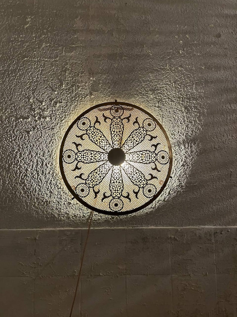 Handmade Moroccan Brass Wall Sconce – Round Floral Mandala Cutout Light with Geometric Lace Pattern for Boho Wall Décor, Bedroom, Hallway & Living Room