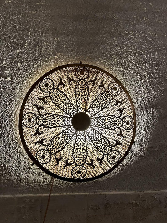 Handmade Moroccan Brass Wall Sconce – Round Floral Mandala Cutout Light with Geometric Lace Pattern for Boho Wall Décor, Bedroom, Hallway & Living Room