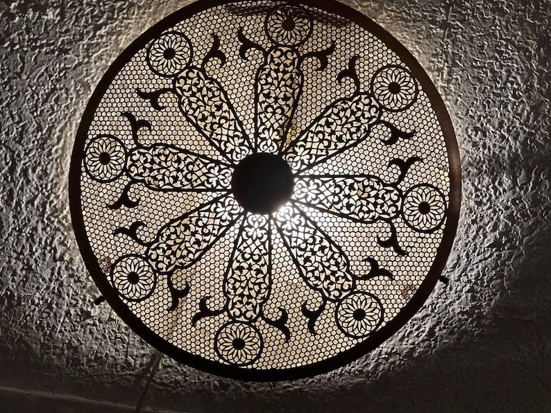 Handmade Moroccan Brass Wall Sconce – Round Floral Mandala Cutout Light with Geometric Lace Pattern for Boho Wall Décor, Bedroom, Hallway & Living Room
