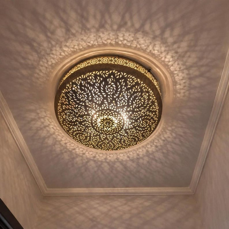 Handmade Moroccan Brass Round Wall Sconce – Pierced Mandala Disc Light with Radiating Sunburst Shadows for Bedroom, Hallway, Entryway & Living Room
