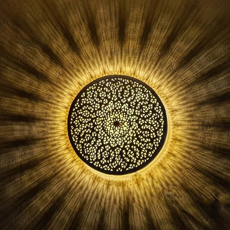 Handmade Moroccan Brass Round Wall Sconce – Pierced Mandala Disc Light with Radiating Sunburst Shadows for Bedroom, Hallway, Entryway & Living Room