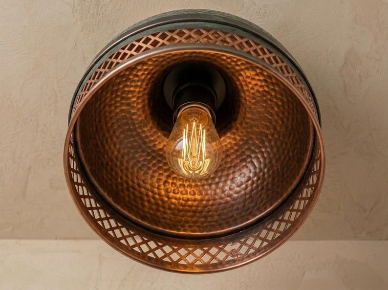 Handmade Brass Flush Mount Ceiling Light – Verdigris Green Patina Hammered Brass Fixture with Pierced Diamond Border, Moroccan Rustic Ceiling Lamp