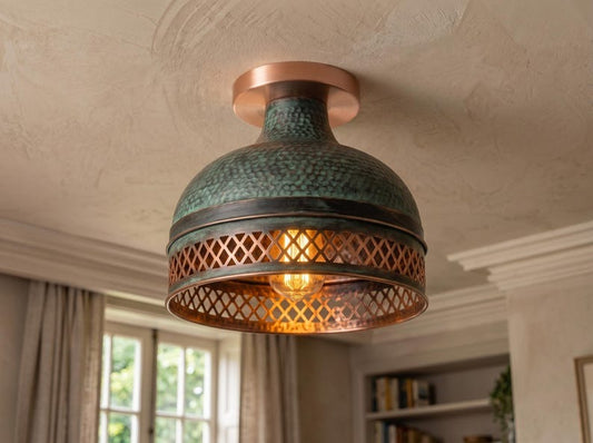 Handmade Brass Flush Mount Ceiling Light – Verdigris Green Patina Hammered Brass Fixture with Pierced Diamond Border, Moroccan Rustic Ceiling Lamp