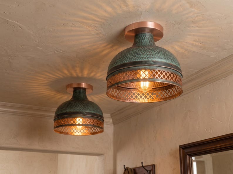 Handmade Brass Flush Mount Ceiling Light – Verdigris Green Patina Hammered Brass Fixture with Pierced Diamond Border, Moroccan Rustic Ceiling Lamp