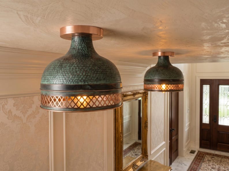 Handmade Brass Flush Mount Ceiling Light – Verdigris Green Patina Hammered Brass Fixture with Pierced Diamond Border, Moroccan Rustic Ceiling Lamp