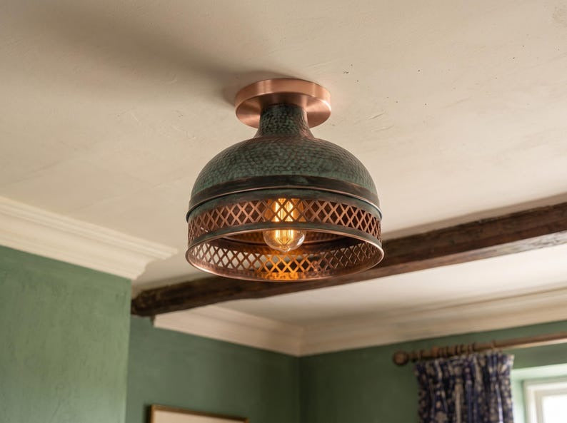 Handmade Brass Flush Mount Ceiling Light – Verdigris Green Patina Hammered Brass Fixture with Pierced Diamond Border, Moroccan Rustic Ceiling Lamp