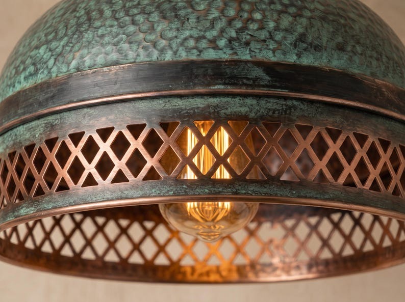 Handmade Brass Flush Mount Ceiling Light – Verdigris Green Patina Hammered Brass Fixture with Pierced Diamond Border, Moroccan Rustic Ceiling Lamp