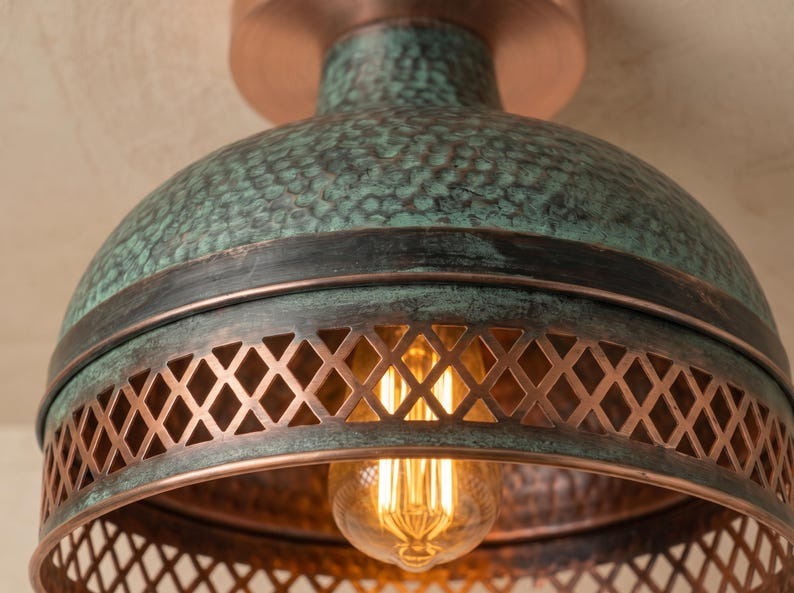Handmade Brass Flush Mount Ceiling Light – Verdigris Green Patina Hammered Brass Fixture with Pierced Diamond Border, Moroccan Rustic Ceiling Lamp