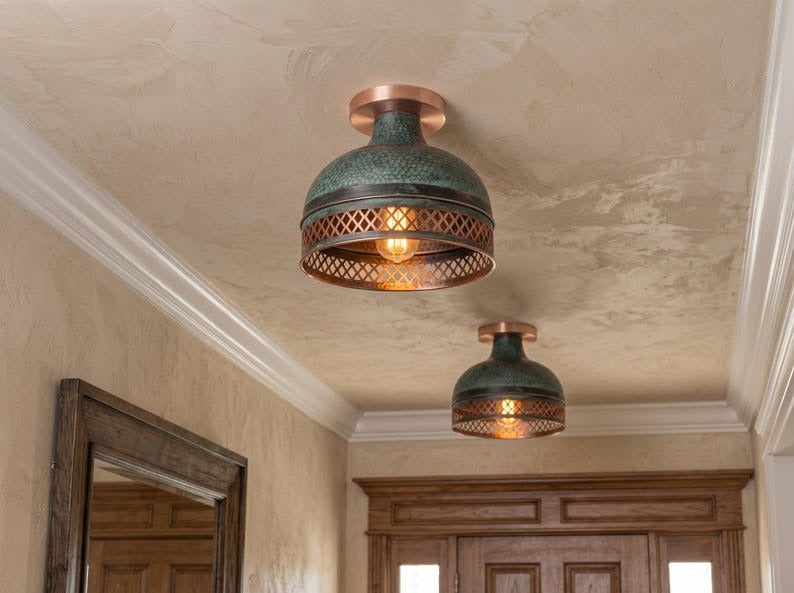 Handmade Brass Flush Mount Ceiling Light – Verdigris Green Patina Hammered Brass Fixture with Pierced Diamond Border, Moroccan Rustic Ceiling Lamp