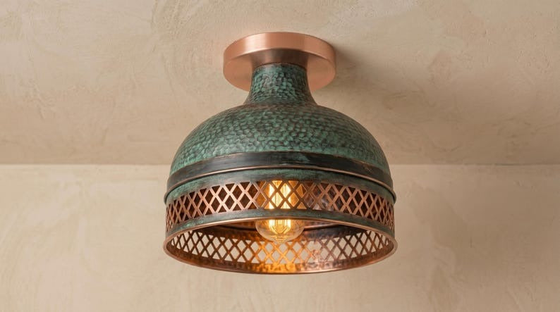 Handmade Brass Flush Mount Ceiling Light – Verdigris Green Patina Hammered Brass Fixture with Pierced Diamond Border, Moroccan Rustic Ceiling Lamp