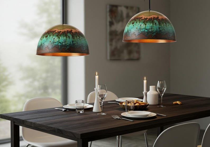 Turquoise Patina Copper Pendant Light, Handmade Dome Ceiling Lamp, Rustic Moroccan Kitchen Island Chandelier with Copper Interior