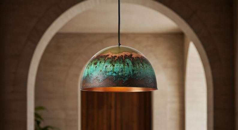 Turquoise Patina Copper Pendant Light, Handmade Dome Ceiling Lamp, Rustic Moroccan Kitchen Island Chandelier with Copper Interior