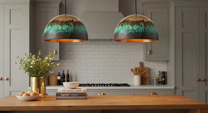 Turquoise Patina Copper Pendant Light, Handmade Dome Ceiling Lamp, Rustic Moroccan Kitchen Island Chandelier with Copper Interior
