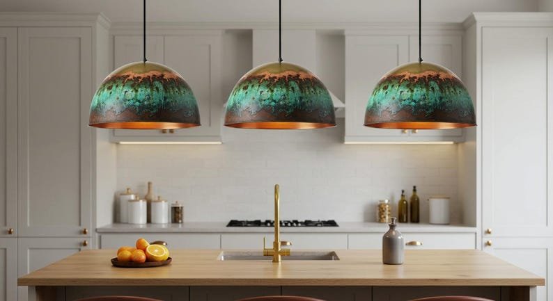 Turquoise Patina Copper Pendant Light, Handmade Dome Ceiling Lamp, Rustic Moroccan Kitchen Island Chandelier with Copper Interior