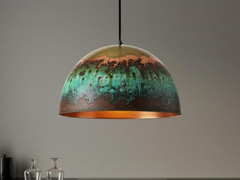 Turquoise Patina Copper Pendant Light, Handmade Dome Ceiling Lamp, Rustic Moroccan Kitchen Island Chandelier with Copper Interior