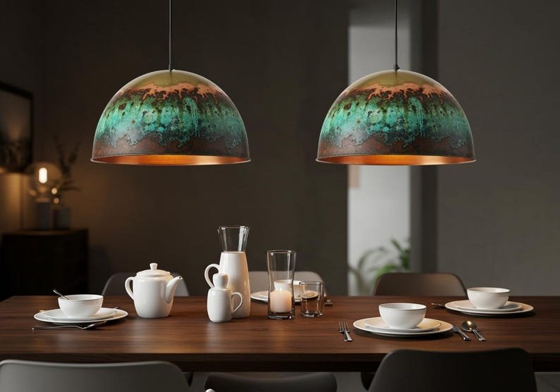 Turquoise Patina Copper Pendant Light, Handmade Dome Ceiling Lamp, Rustic Moroccan Kitchen Island Chandelier with Copper Interior