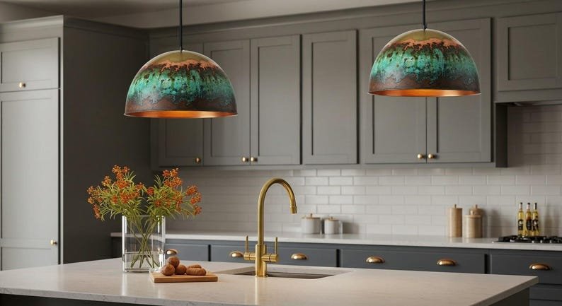 Turquoise Patina Copper Pendant Light, Handmade Dome Ceiling Lamp, Rustic Moroccan Kitchen Island Chandelier with Copper Interior