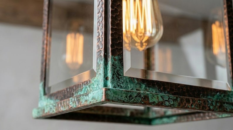 Handmade Brass Moroccan Lantern Pendant Light – Rustic Glass Box Hanging Lamp with Verdigris Patina & Dark Aged Brass Frame, Farmhouse Kitchen Island Ceiling Fixture
