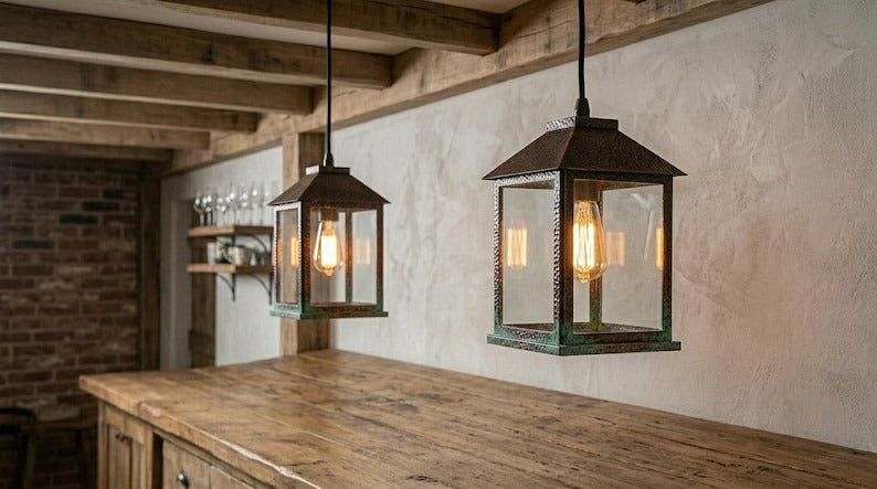 Handmade Brass Moroccan Lantern Pendant Light – Rustic Glass Box Hanging Lamp with Verdigris Patina & Dark Aged Brass Frame, Farmhouse Kitchen Island Ceiling Fixture