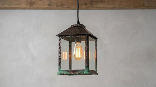 Handmade Brass Moroccan Lantern Pendant Light – Rustic Glass Box Hanging Lamp with Verdigris Patina & Dark Aged Brass Frame, Farmhouse Kitchen Island Ceiling Fixture
