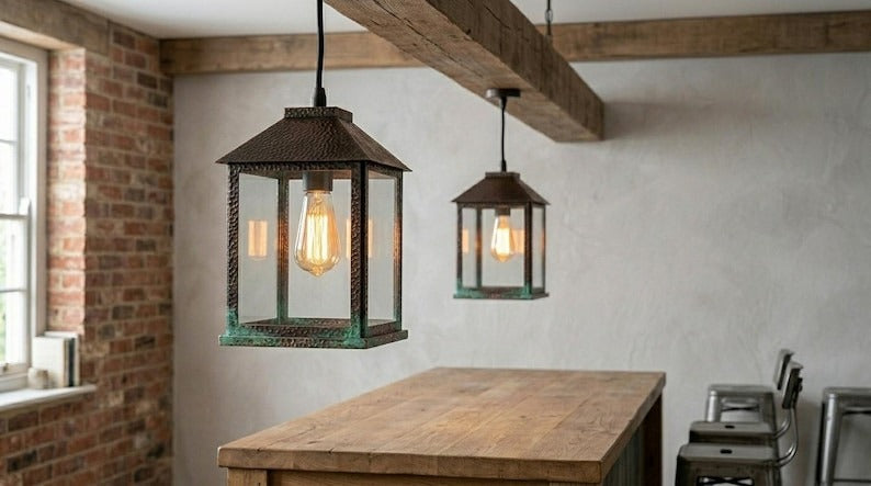Handmade Brass Moroccan Lantern Pendant Light – Rustic Glass Box Hanging Lamp with Verdigris Patina & Dark Aged Brass Frame, Farmhouse Kitchen Island Ceiling Fixture