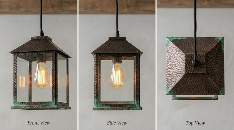 Handmade Brass Moroccan Lantern Pendant Light – Rustic Glass Box Hanging Lamp with Verdigris Patina & Dark Aged Brass Frame, Farmhouse Kitchen Island Ceiling Fixture