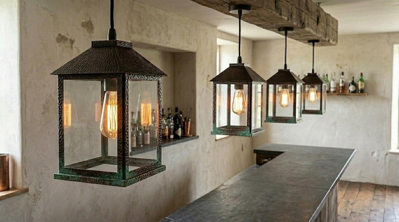 Handmade Brass Moroccan Lantern Pendant Light – Rustic Glass Box Hanging Lamp with Verdigris Patina & Dark Aged Brass Frame, Farmhouse Kitchen Island Ceiling Fixture