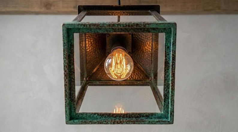Handmade Brass Moroccan Lantern Pendant Light – Rustic Glass Box Hanging Lamp with Verdigris Patina & Dark Aged Brass Frame, Farmhouse Kitchen Island Ceiling Fixture