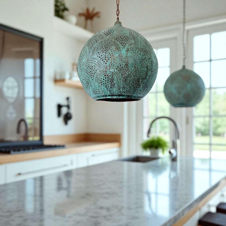 Green Patina Copper Globe Pendant Light, Handmade Moroccan Perforated Hanging Lamp, Pierced Verdigris Copper Chandelier, Rustic Boho Farmhouse Ceiling Light Fixture