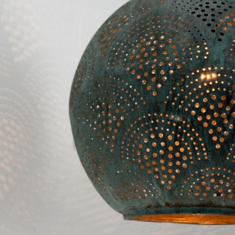 Green Patina Copper Globe Pendant Light, Handmade Moroccan Perforated Hanging Lamp, Pierced Verdigris Copper Chandelier, Rustic Boho Farmhouse Ceiling Light Fixture