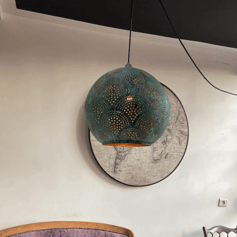 Green Patina Copper Globe Pendant Light, Handmade Moroccan Perforated Hanging Lamp, Pierced Verdigris Copper Chandelier, Rustic Boho Farmhouse Ceiling Light Fixture