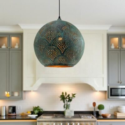 Green Patina Copper Globe Pendant Light, Handmade Moroccan Perforated Hanging Lamp, Pierced Verdigris Copper Chandelier, Rustic Boho Farmhouse Ceiling Light Fixture