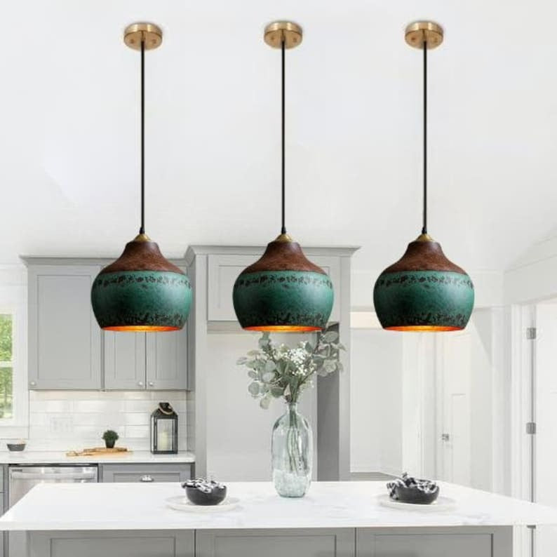 Handmade Green Patina Brass Pendant Light – Moroccan Rustic Gourd Dome Pendant Lamp with Copper Top for Kitchen Island, Dining Room & Boho Home Décor