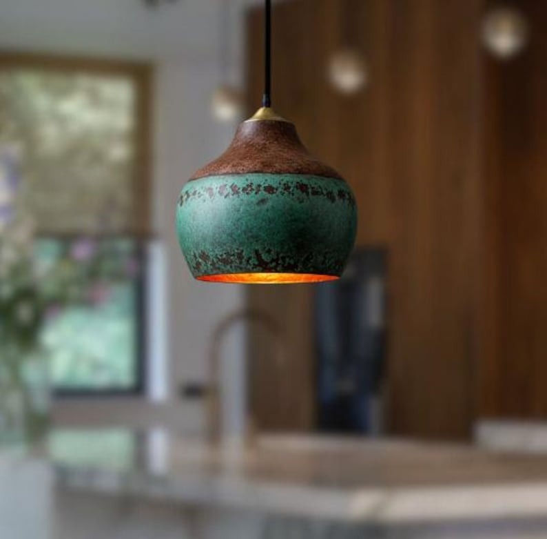 Handmade Green Patina Brass Pendant Light – Moroccan Rustic Gourd Dome Pendant Lamp with Copper Top for Kitchen Island, Dining Room & Boho Home Décor