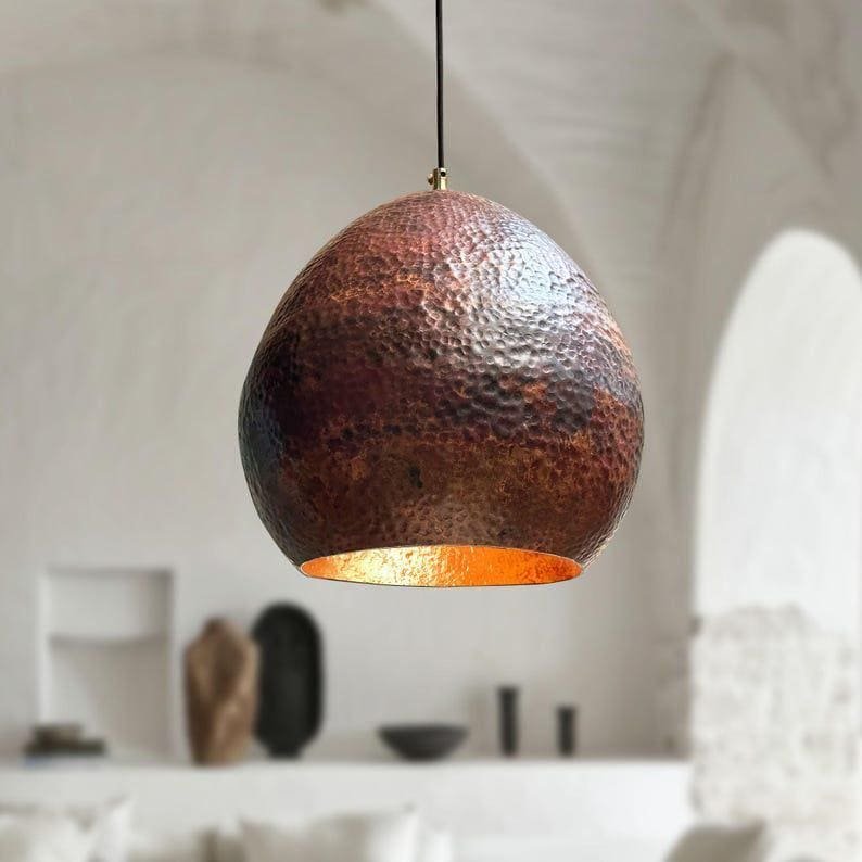 Dark Hammered Copper Teardrop Pendant Light, Handmade Moroccan Copper Dome Chandelier, Rustic Aged Copper Hanging Lamp, Boho Farmhouse Ceiling Light Fixture