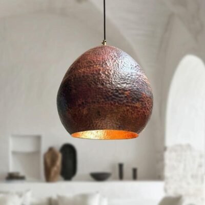 Dark Hammered Copper Teardrop Pendant Light, Handmade Moroccan Copper Dome Chandelier, Rustic Aged Copper Hanging Lamp, Boho Farmhouse Ceiling Light Fixture