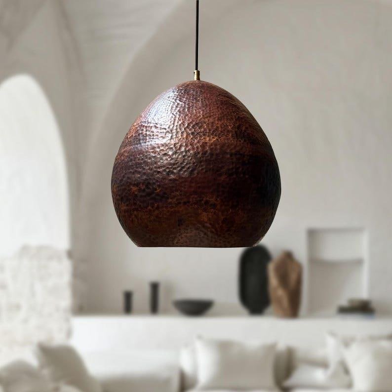 Dark Hammered Copper Teardrop Pendant Light, Handmade Moroccan Copper Dome Chandelier, Rustic Aged Copper Hanging Lamp, Boho Farmhouse Ceiling Light Fixture
