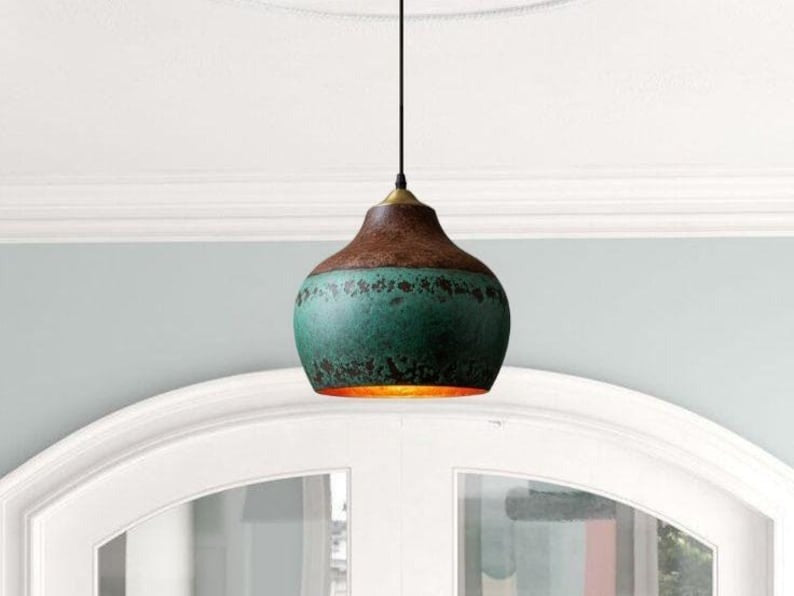 Handmade Green Patina Brass Pendant Light – Moroccan Rustic Gourd Dome Pendant Lamp with Copper Top for Kitchen Island, Dining Room & Boho Home Décor
