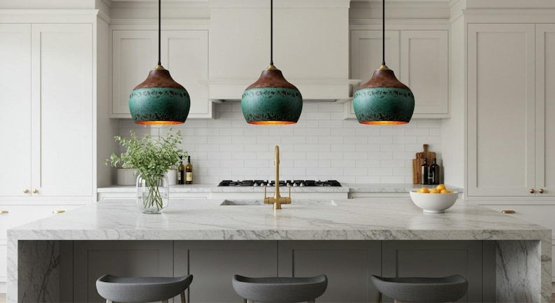 Handmade Green Patina Brass Pendant Light – Moroccan Rustic Gourd Dome Pendant Lamp with Copper Top for Kitchen Island, Dining Room & Boho Home Décor