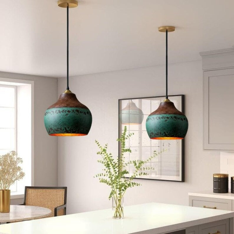Handmade Green Patina Brass Pendant Light – Moroccan Rustic Gourd Dome Pendant Lamp with Copper Top for Kitchen Island, Dining Room & Boho Home Décor