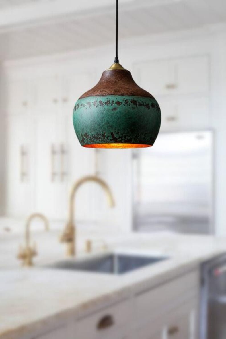 Handmade Green Patina Brass Pendant Light – Moroccan Rustic Gourd Dome Pendant Lamp with Copper Top for Kitchen Island, Dining Room & Boho Home Décor
