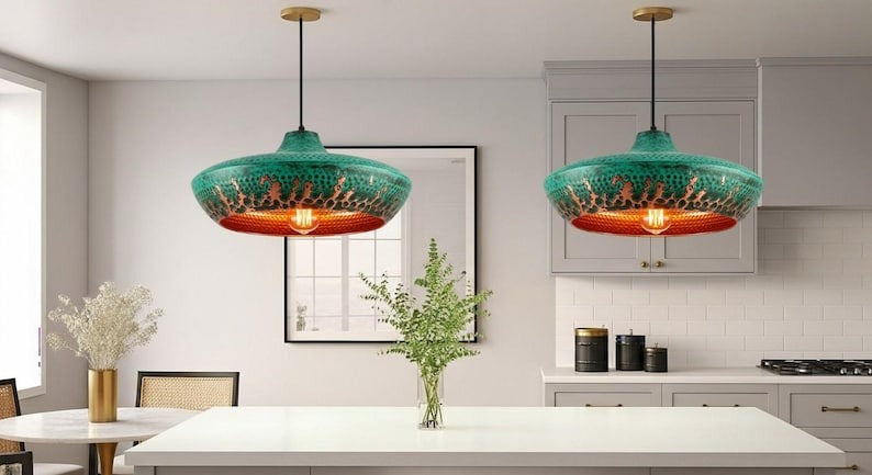 Handmade Green Patina Brass Pendant Light – Moroccan Saucer Dome Pendant Lamp with Hammered Brass Interior for Kitchen Island, Dining Room & Boho Home Décor