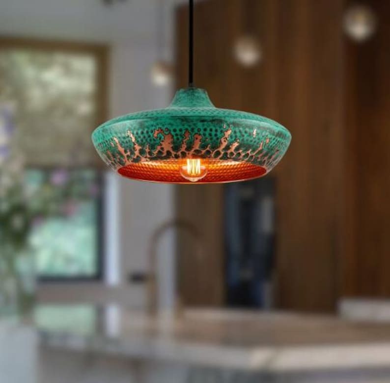 Handmade Green Patina Brass Pendant Light – Moroccan Saucer Dome Pendant Lamp with Hammered Brass Interior for Kitchen Island, Dining Room & Boho Home Décor