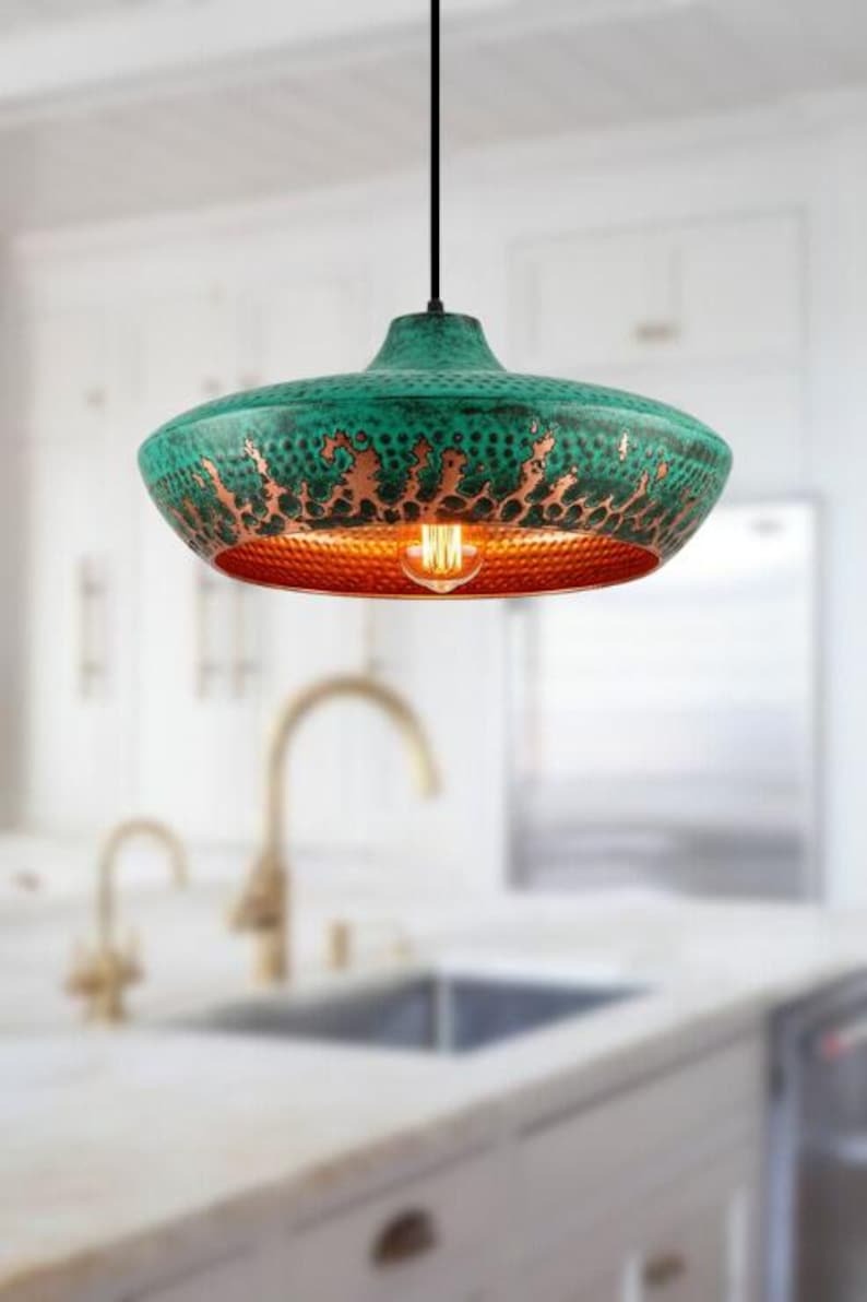 Handmade Green Patina Brass Pendant Light – Moroccan Saucer Dome Pendant Lamp with Hammered Brass Interior for Kitchen Island, Dining Room & Boho Home Décor